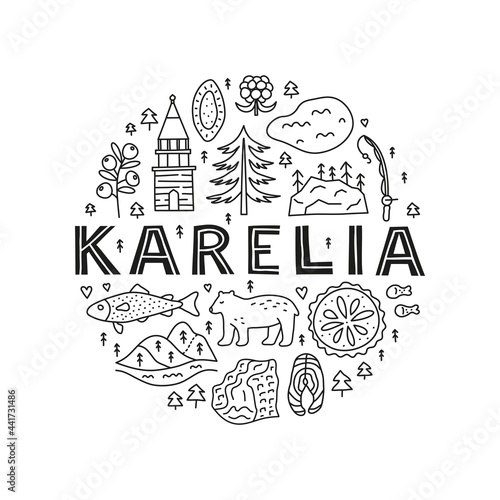 Doodle outline Karelia icons in circle. photo