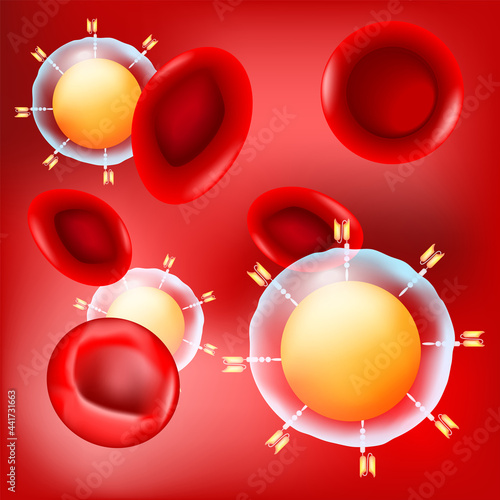 CAR t-cell and red blood cells on red background. close-up of a Chimeric antigen receptor, and CAR T cell. vector Poster about immunotherapy or chemotherapy cancer.