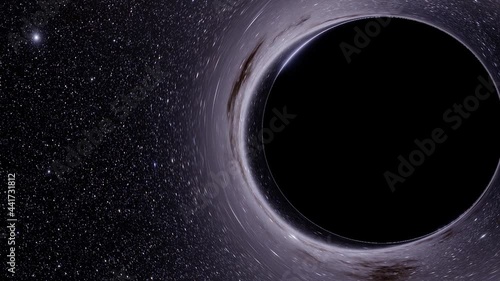 supermassive black hole. Accretion disk of matter on the event horizon of black hole. Space, light and time are distorted by strong gravity on the event horizon