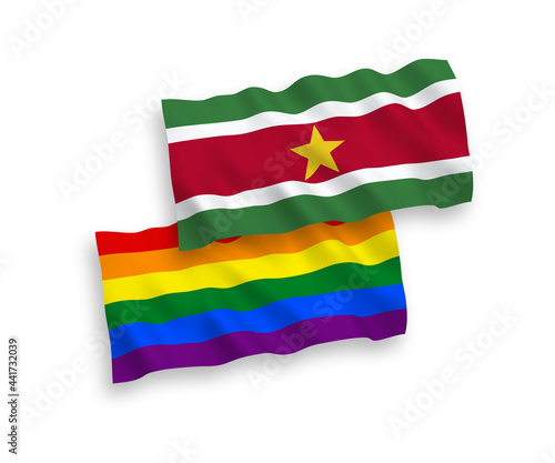 Flags of Republic of Suriname and Rainbow gay pride on a white background