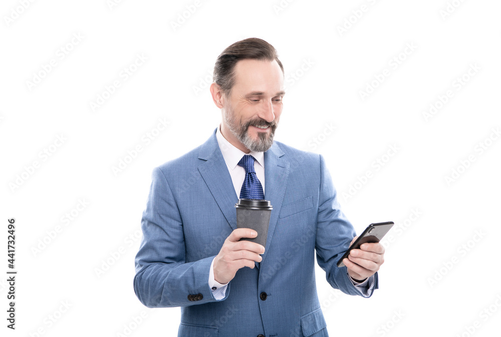 cheerful mature employer in suit chatting on phone and drink coffee isolated on white, chat cheerful mature employer in suit chatting on phone and drink coffee isolated on white, chat