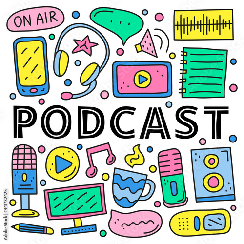 Poster with lettering and doodle colorful podcast icons.