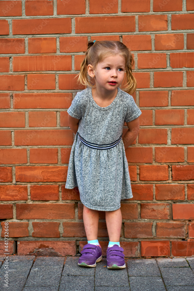 Little beautiful girl in a gray dress on a background of an orange brick wall. Space for text and copy space. The child stands in a gray dress and looks forward. Little beautiful girl in a gray dress on a background of an orange brick wall. Space for text and copy space. The child stands in a gray dress and looks forward.