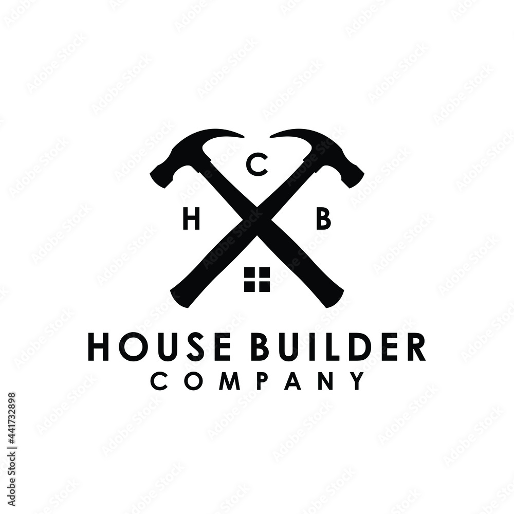 crossed hammer house builder construction renovation logo design vector