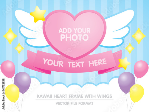 kawaii heart shape photo frame with cute wings and ribbon element for adding your text on blue striped background with cloud and balloon