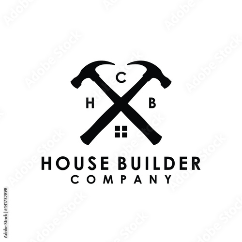 crossed hammer house builder construction renovation logo design vector