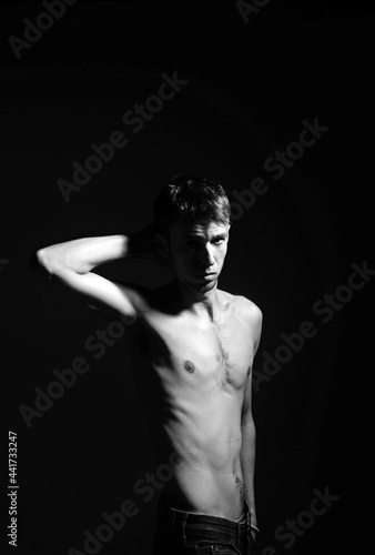 Photography Skinny young man posing fashion, anorexic look, slim body.