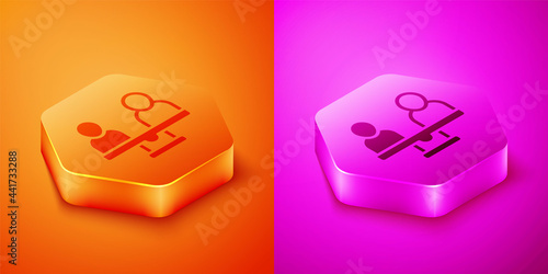 Isometric Gender equality icon isolated on orange and pink background. Equal pay and opportunity business concept. Hexagon button. Vector