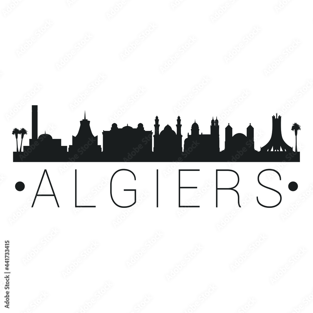 Algiers, Sidi M'Hamed, Algeria City Skyline. Silhouette Illustration Clip Art. Travel Design Vector Landmark Famous Monuments.