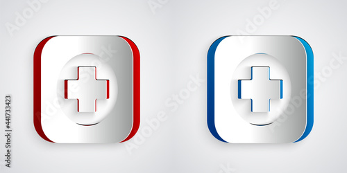 Paper cut Hospital signboard icon isolated on grey background. Paper art style. Vector