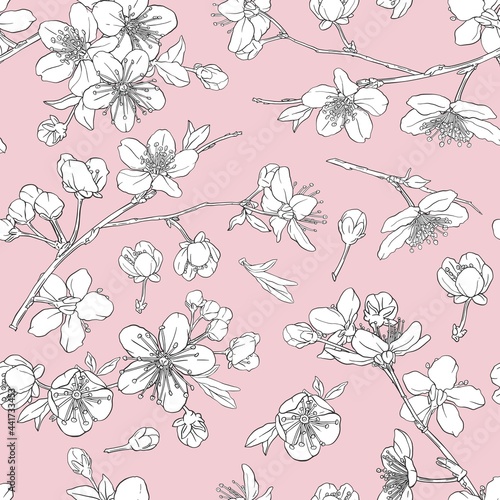 Seamless pattern with cherry blossoms. Sakura hand drawn line flowers, tree branches.