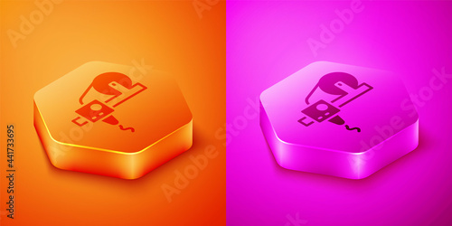 Isometric 3D printer icon isolated on orange and pink background. 3d printing. Hexagon button. Vector