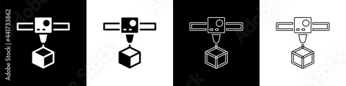 Set 3D printer cube icon isolated on black and white background. 3d printing. Vector