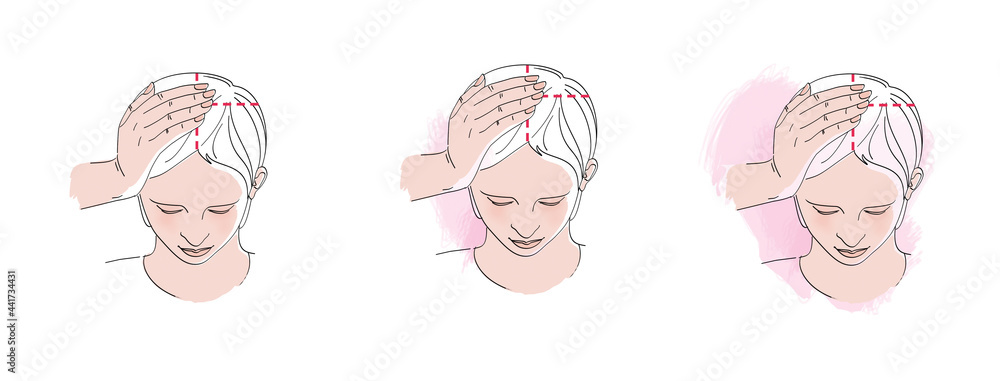 Female head view from above. Woman performs self-massage of her head with her hand. Isolated on white background Female head view from above. Woman performs self-massage of her head with her hand. Isolated on white background