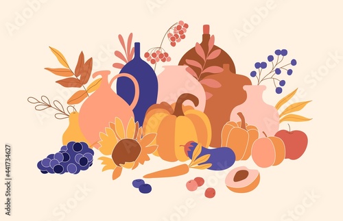 Composition with autumn fruits, vegetables, leaves, berries. Harvest festival, farm, agriculture concept.