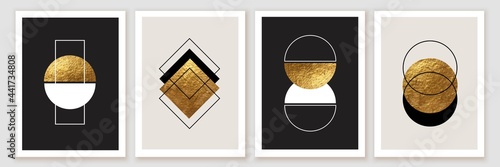 Abstract minimalist wall art composition in beige, grey, white, black colors. Golden geometric shapes