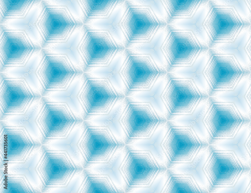 Seamless abstract blue and white textured geometric pattern with kaleidoscope effect. Symmetric hexagon ornament for digital paper, textile printing, wallpaper background design. Vector illustration. Seamless abstract blue and white textured geometric pattern with kaleidoscope effect. Symmetric hexagon ornament for digital paper, textile printing, wallpaper background design. Vector illustration.