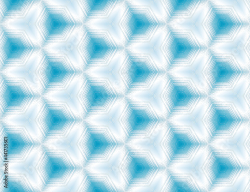 Fototapeta Naklejka Na Ścianę i Meble -  Seamless abstract blue and white textured geometric pattern with kaleidoscope effect. Symmetric hexagon ornament for digital paper, textile printing, wallpaper background design. Vector illustration.