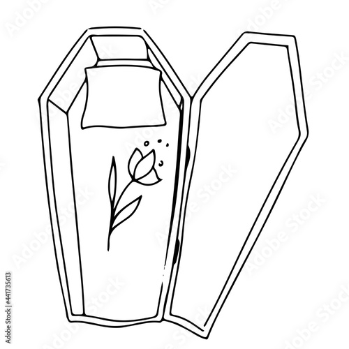 Wooden coffin is an element of decoration for Halloween. Gloomy Doodles. Vector illustration isolated on white background
