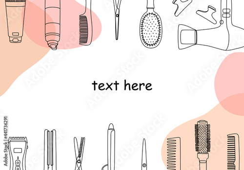 Frame, border of hairdressing tools. Hair salon accessories outline, hair dryer, comb, scissors and abstraction. Vector illustration, template for design and information.