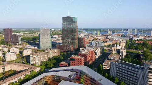 Almere city center (Almere Stad), aerial view. Flevoland, The Netherlands. Fly forward shot.