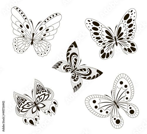 Set  black white butterflies of a tattoo