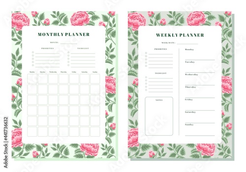 Set of printable vintage floral monthly and weekly planner vector template with rose, peony flowers and botanical leaf elements for school scheduler, seasonal events, reminder, bullet journal