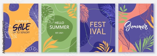 Summer tropical covers, banners, posters. Palm, exotic leaves. Colorful flat style, line art.