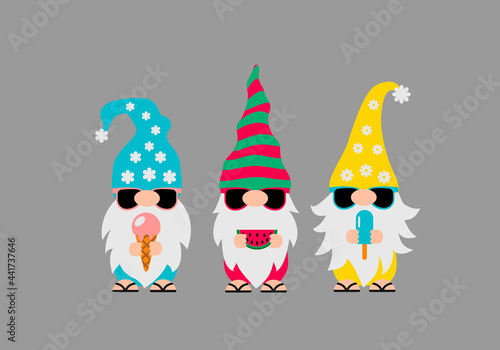 Summer gnomes wearing sunglasses. Cute cartoon characters on vacations. Vector template for banner, poster, greeting card, t-shirt
