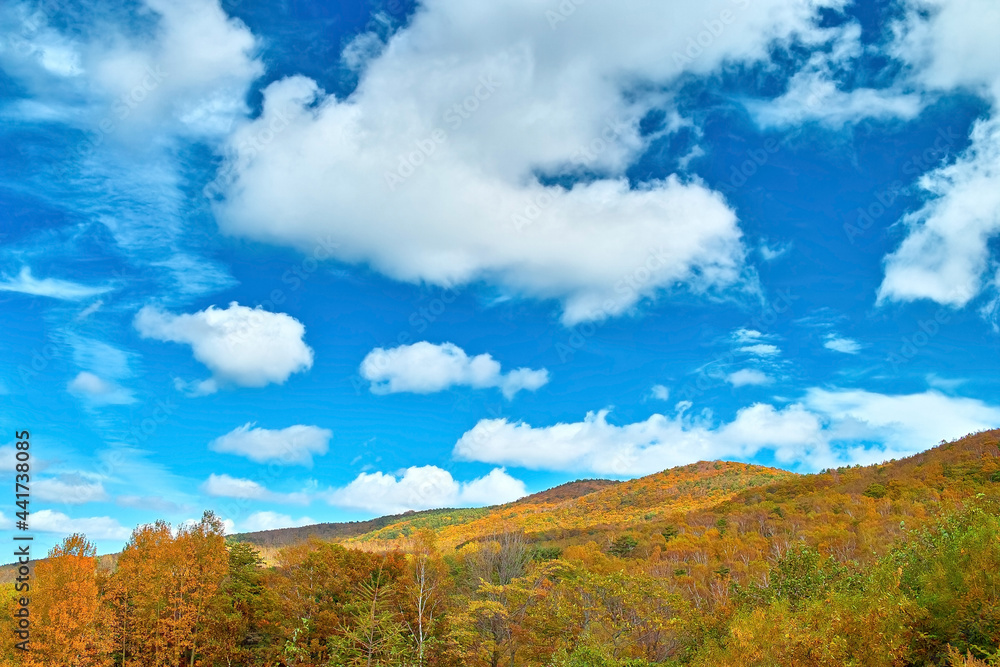 青空と紅葉する山