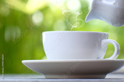 Coffee cup on table, coffee in the morning, space for text, hot cappuccino