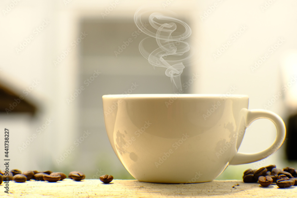 Coffee cup on table, coffee in the morning, space for text, hot cappuccino Coffee cup on table, coffee in the morning, space for text, hot cappuccino