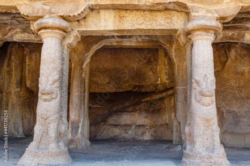 Columns with lion guards of the Bhima Ratha, one of the Pancha Rathas (Five Rathas) of Mamallapuram, an Unesco World Heritage Site in Tamil Nadu, South India, Asia