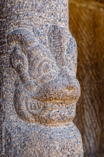 Columns with lion guards of the Bhima Ratha, one of the Pancha Rathas (Five Rathas) of Mamallapuram, an Unesco World Heritage Site in Tamil Nadu, South India, Asia photo