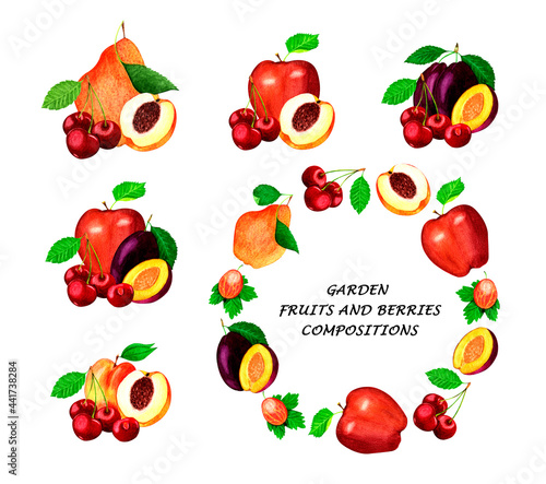 Set with compositions of garden fruits and berries.Watercolor illustration on white background.Organic and healthy food.