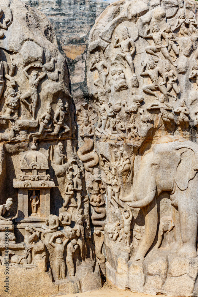 Arjuna's Penance in  Mamallapuram, an Unesco World Heritage Site in Tamil Nadu, South India, Asia