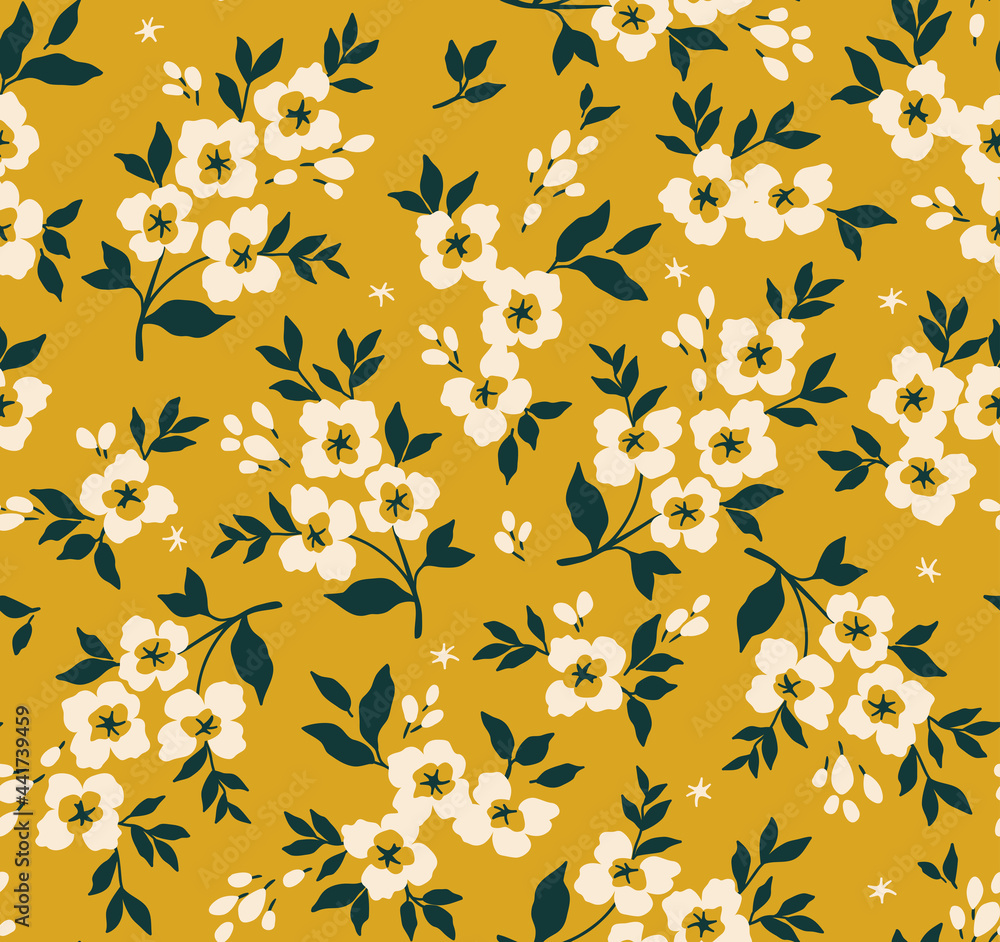 Trendy seamless vector floral pattern. Seamless print made of small white flowers. Summer and spring motifs. Yellow gold background. Stock vector illustration.