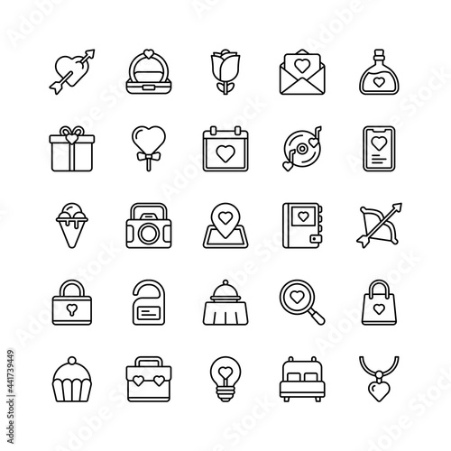 Love and romance icon set with outline style
