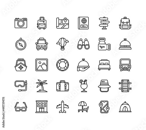 Holiday and travel icon set with outline style