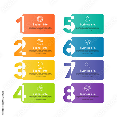 Modern infographics business design with 8 option concepts, parts, steps or processes can be used for workflow layout, diagram, number options, web design. infographic element.