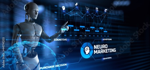 Neuromarketing cognitive advertising technology concept. Robot pressing virtual button 3d render illustration.