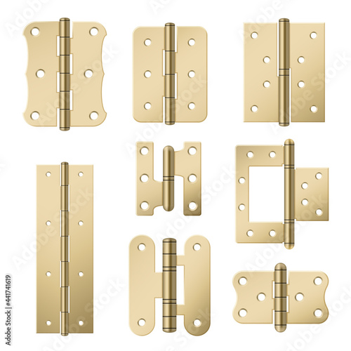 Set brass door hinges vector illustration golden metallic equipment for attached construction photo