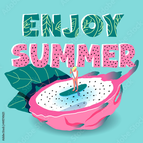 Enjoy summer lettering party girl sup fruit illustration. Vector tropical pink green banner exotic pitaya swimming woman