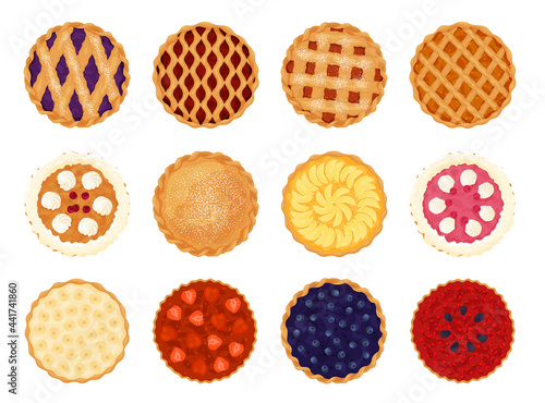 Collection of pies top view vector flat illustration. Set of various whole fresh baking sweet cakes photo