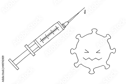 Mandatory vaccination. Vaccine. Syringe. Medical instrument. Virus. Pandemic. Epidemic. Disease. Coronavirus. Covid-19. Doodle. Hand-drawn illustration. Silhouette. Black and white outline. Coloring.