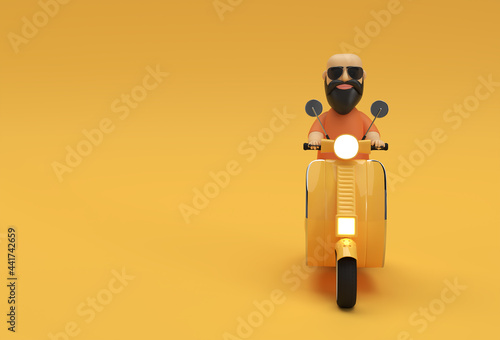 3D Render Bald Man Riding Motor Scooter Side View on a Yellow Background.