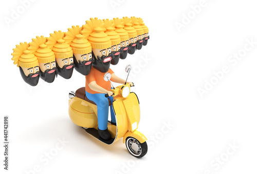 Dussehra Celebration - Ravana with Ten Heads Riding Motor Scooter 3D Rendering Illustration. photo