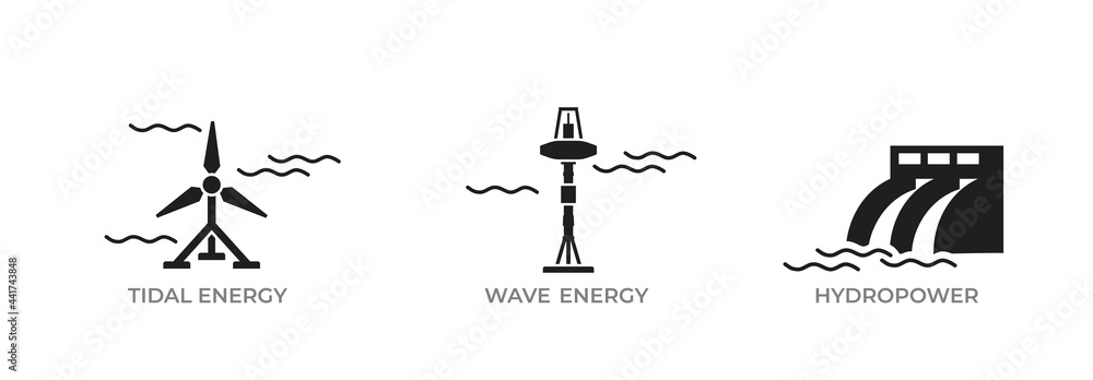 water energy icon set. tidal, wave and hydroelectric power plant. eco, alternative and renewable energy symbol