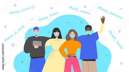 Coronavirus pandemic concept. Different People in mask vector set. Covid-19 poster. 