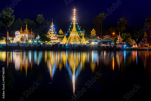 Night light and water reflection Wat Jongklang - Wat Jongkham the most favourite place for tourist in Mae hong son, Thailand. photo